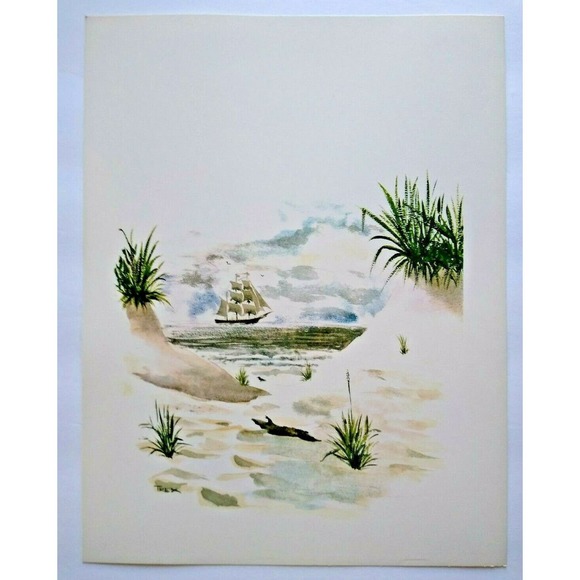 Pirate Ship Art Print Distant Beach Sand Dune Seaside Seascape T Rex Nautical - Picture 2 of 8